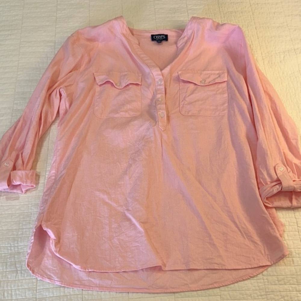 Chaps Tunic Linen Blend Long Sleeve Light Pink Button 3/4 button down EUC - Picture 1 of 8